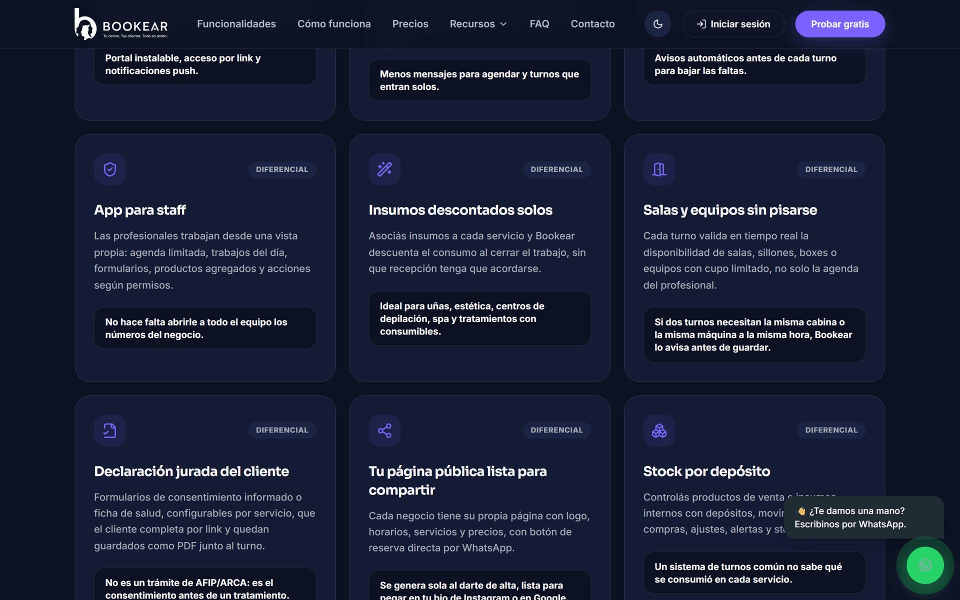 Bookear — Diferenciales: app de staff, insumos y salas